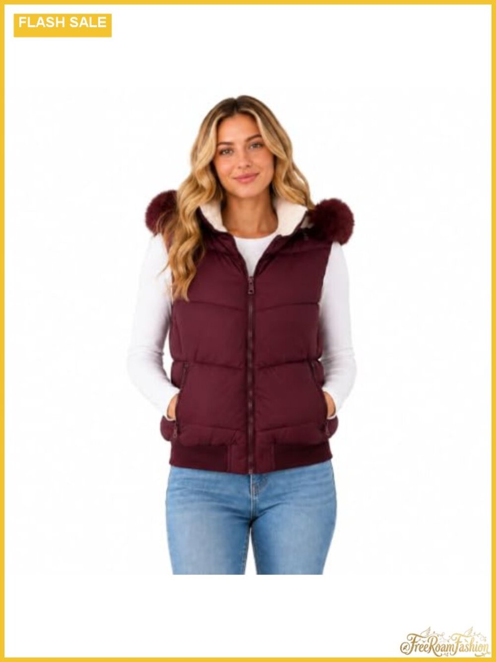 Womens Quilted Puffer Vest Faux Fur Hood Sleeveless Nylon Zip Jacket